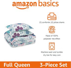 Amazon Basics Soft, Plush 3 Piece Microfiber Kid's Comforter and Pillow Sham Set, Full/Queen, Purple Flowers, Bluish Pink, Lightweight, Floral
