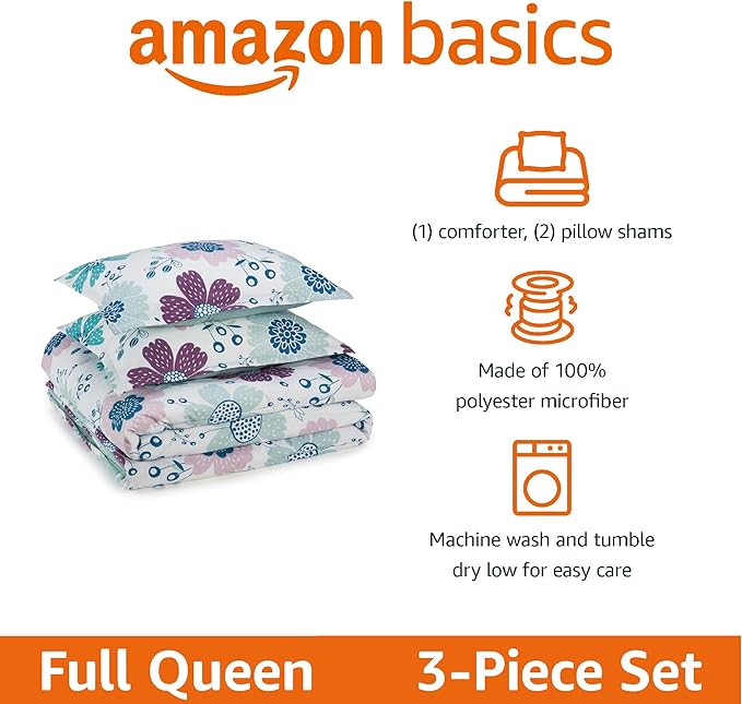 Amazon Basics Soft, Plush 3 Piece Microfiber Kid's Comforter and Pillow Sham Set, Full/Queen, Purple Flowers, Bluish Pink, Lightweight, Floral