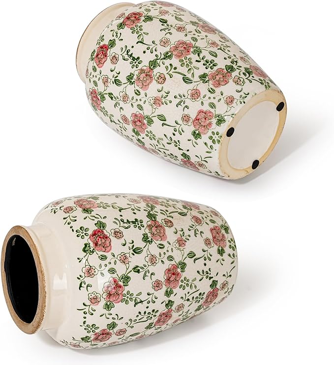 Sungmor Ceramic Flower Vase, Vintage Ice Cracked Glaze Porcelain Vase, Pretty Home Decor Vase for Flower Arrangement, Fresh Flowers, 10.2 Inch Tall Chinoiserie Pottery Vase, Pink Floral Pattern