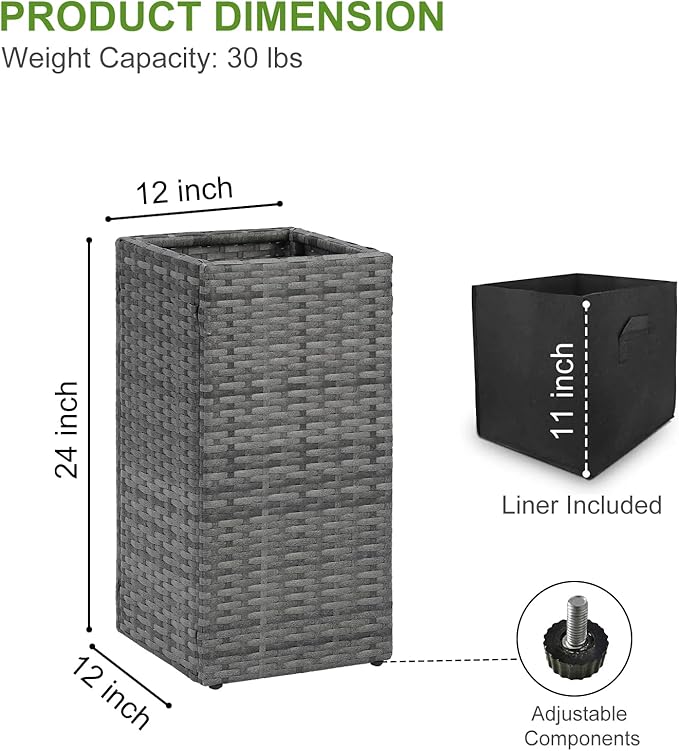 LEWIS&WAYNE Set of 2 Tall Planters for Outdoor Plants Handmade 24'' Wicker Tall Square Planter Box with Removable Liners Modern Planter for Indoor Outdoor Garden Patio Front Porch - Gray