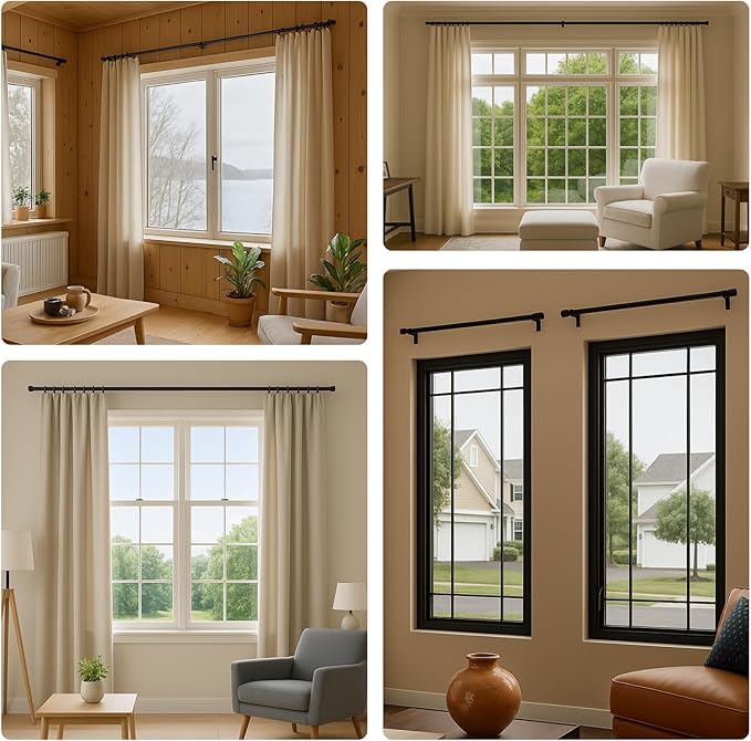 Matte Black Curtain Rod 16-94.4 Inch Single Wide Window Coverage Metal Construction Living Room Bedroom Large Bay Windows Vintage Style Complete Mounting System Hardware