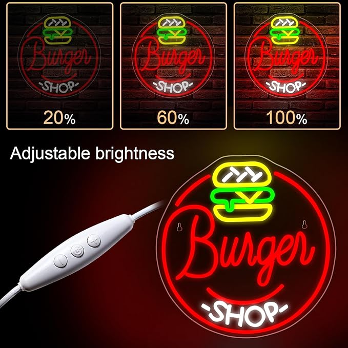 WLHOPE Hamburger Shop Neon Sign Hamburger Neon Signs for Wall Decor Dimmable Hamburger Neon Lights LED Light Up Sign for Hamburger Shop,Bar,Restaurant,Food Shop,Pub Decoration