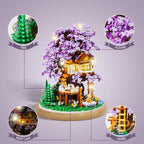 DIY Flower Building Toy Sets Miniature Cherry Blossom Tree House Building Kit, Purple & Yellow Sakura Flowers, Building Blocks Set for Adults & Girls - Bonsai Tree Model with Dust Cover