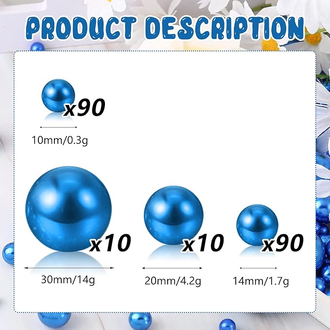 200PCS Blue Faux Pearls Beads for Centerpiece Vases, Vase Filler Faux Pearls, No Holes Filler Beads for Party Anniversary Birthday Wedding Table Decor, 10/14/20/30mm