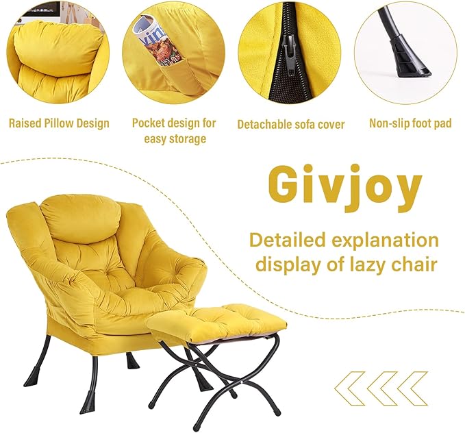 Lazy Chair and Ottoman, Large Accent Lounge Chair with Armrests and a Side Pocket, Modern Leisure Upholstered Sofa Reading Armchair with Footrest for Bedroom, Living Room, Dorm Rooms, Office