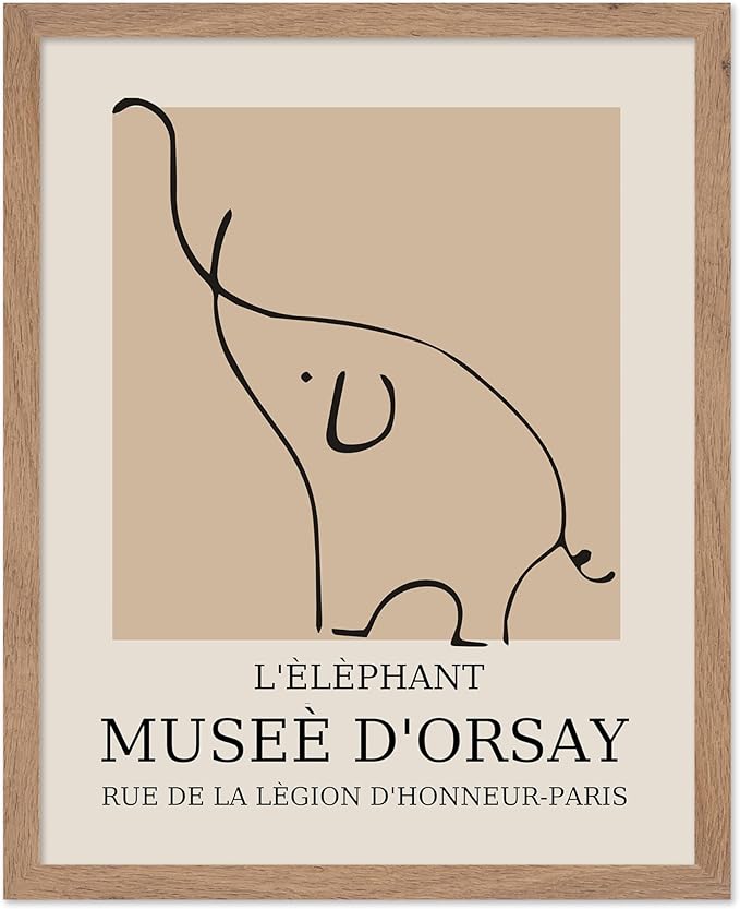 Poster Master Vintage Poster - Retro Minimalist Print - Gift for Artist, Housewarming - Elephant, Line Drawing, Sketch, Abstract - Wall Decor for Living Room, Bedroom, 8x10 Beige Framed