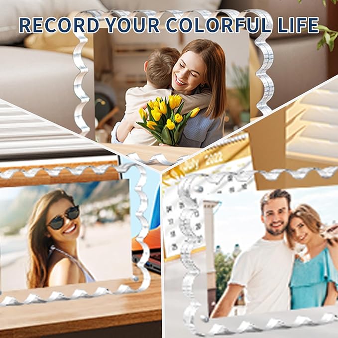 3-Pack 5x7 Acrylic Magnetic Picture Frames – Clear Lucite Block Frame with Scalloped Edges, Double-Sided UV-Protected Acrylic Photo Display for Desktop