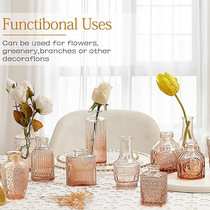 Amber Glass Bud Vase Set,20Pcs Small Glass Vase for Flowers, Clear Bud Set in Bulk,Mini Single Vintage Design for Centerpiece Rustic Wedding Decorations Home Table Flower Décor