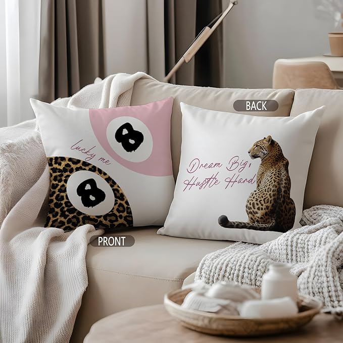 Preppy Pink Leopard Print Lucky 8 Ball Throw Pillow Covers 18x18, Cheetah Room Decor, Funky Y2K Leopard Print Decorative Pillow Covers for Girls Room Dorm Apartment