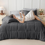 JOLLYVOGUE Queen Comforter Set, Ultra-Soft Bed in a Bag Queen Size 7 Pieces, Oeko-TEX Certified Bedding Set with Down Alternative Comforter, Sheets, Pillowcases & Shams, Dark & Light Grey