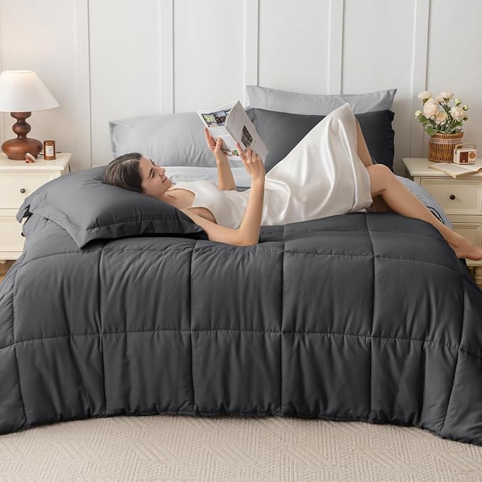 JOLLYVOGUE Full Comforter Set, Ultra-Soft Bed in a Bag Full Size 7 Pieces, Oeko-TEX Certified Bedding Set with Down Alternative Comforter, Sheets, Pillowcases & Shams, Dark & Light Grey