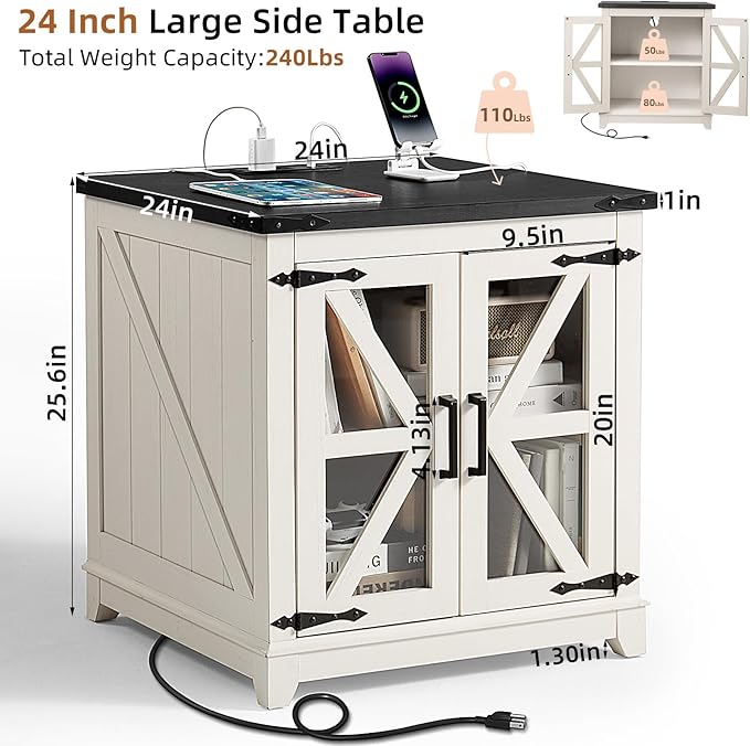 Farmhouse End Table with Charging Station Set 2, 24" Large Sofa Side Table with Glass Barn Door,White Nightstand with Adjustable Storage Shelf,Wood Square Bedside Table for Living Room,Bedroom
