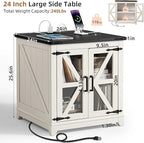 Farmhouse End Table with Charging Station, 24" Large Sofa Side Table with Glass Barn Door,White Nightstand with Adjustable Storage Shelf,Wood Square Bedside Table for Living Room,Bedroom