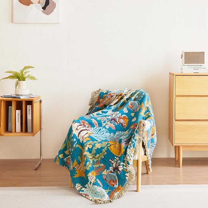 MSGKV Throw Blanket for Couch Cotton Muslin Breathable Cute Ocean Animals Blanket 50"x60" Sofa Chair Blankets for All Seasons Lightweight Farmhouse Blankets Home Decor