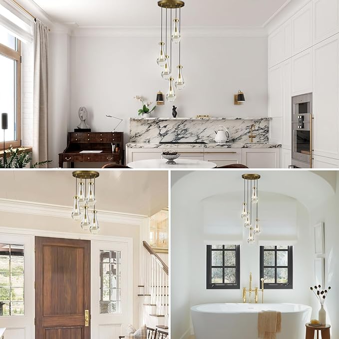 Raindrop 5 Light Cluster Pendant Light, Brass High Ceiling Chandeliers Adjustable, Living Room Pendant Light, Foyer Chandeliers, Stairwell Pendant Lights,E12 Including Bulb