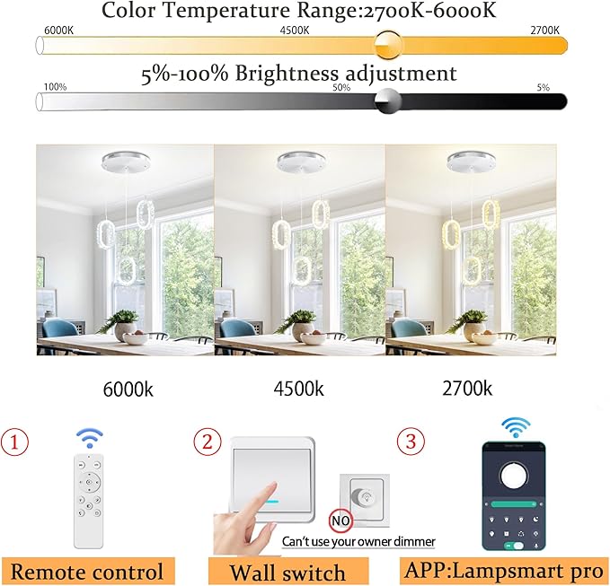 Dimmable Oval Pendant Light Modern LED Pendant Lights for Kitchen Island Adjustable Crystal Ring Chandelier for Dining Room Bedroom Living Room 3-Light Silver