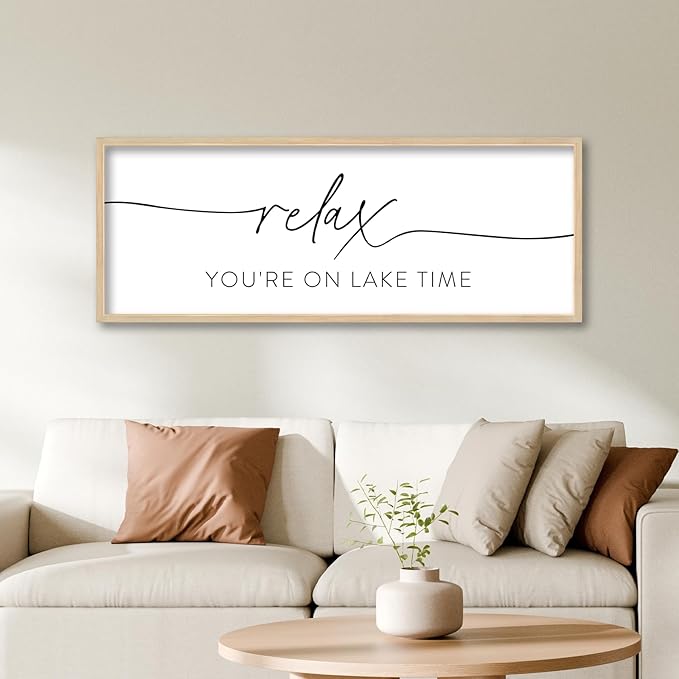 SRSZHIYUE Relax You're On Lake Time Wall Decor Above Bed Sign 32"×12" for Lake House Bedroom Over Bed Large Wood Framed Hanging Art (Wood)