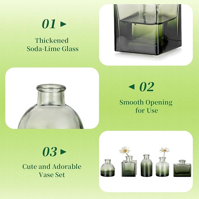 Hewory Small Glass Bud Vases for Centerpieces 40pcs Green Sturdy Cute Flower Vases Bulk, Mini Bottle Vase for Wedding Home Decor Birthday Party Events Mother's Day Bridal Shower Gifts Table Decor