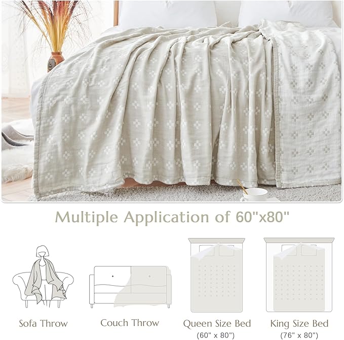 jinchan Boho 100% Cotton Blanket Muslin Twin Size 60x80 Inches Lightweight 3-Layer Geometric Cross Pattern Reversible Quilt Throw Soft Breathable Comfy All Seasons for Couch Bed Decor, Light Grey