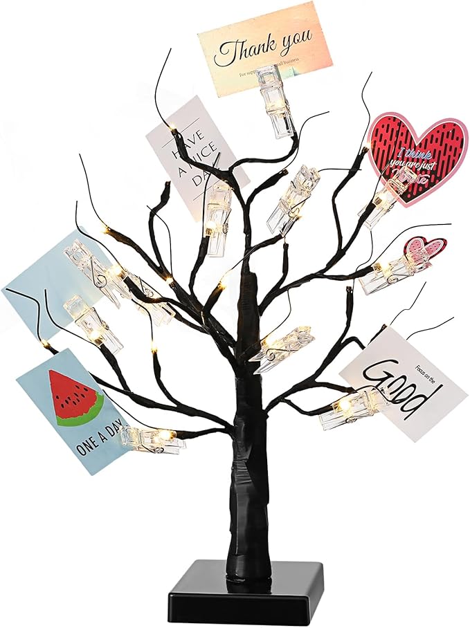 Mudder Money Holder Tree Present Card Holder with 12 Clear Clips LED Birch Twig Lights Tabletop Display Tree for Christmas, Valentines, Memo, Photo, Wedding(Fresh Style,Black, Warm White)