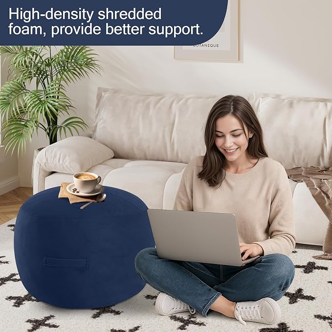 MeMoreCool Round Stuffed Pouf Ottoman Foot Rest, Floor Pouf Foot Stool with Soft Foam Chunk Filling, Small Round Ottoman Footstool Circle Footrest for Living Room, Navy
