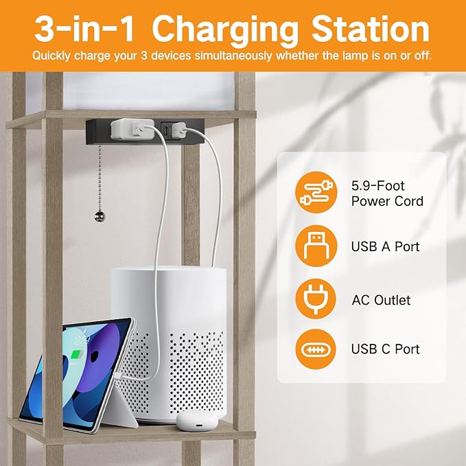 OUTON Floor Lamp with Shelves, LED Shelf Floor Lamp with 1 USB & 1 Type C Ports, 1 AC Outlet, 3 Color Temperature, Storage Display Wood Column Tall Standing Lamp for Living Room, Bedroom Office, Grey