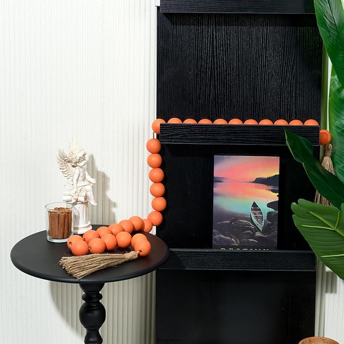 OMISHE 60" Long Extra Large Wood Bead Garland with 1.6" Diameter Wooden Beads and Tassels, Rustic Farmhouse Country Decorative Beads for Home Tiered Tray Decor, Orange