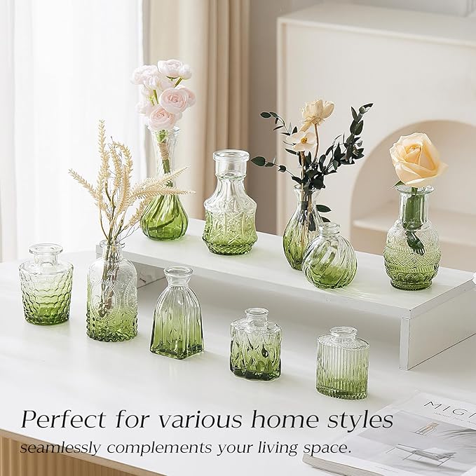 Glass Bud Vase Set of 20 - Small Vases for Flowers in Bulk - Assorted Vintage Crystal Vases for Flowers, Table Centerpieces (Green, 20 Pcs)