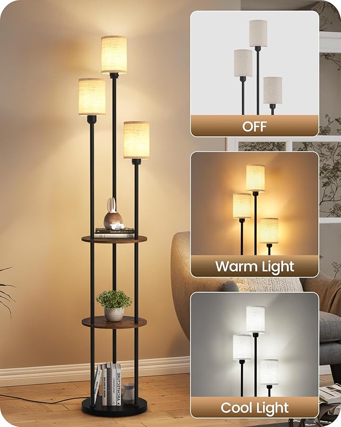 Floor Lamp with Shelves, Modern Floor Lamp with 3 Linen Shades and Foot Switch, 3-Light Standing Lamp, for Living Room, Bedroom, Study, Office, Rustic Brown and Beige EF53LD05