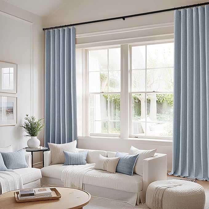MIULEE 100% Blackout Curtains 96 Inch Long 2 Panels Set for Bedroom, Thick Faux Linen Black Out Curtain Room Darkening Back Tab Pleat Window Textured Drapes with Hooks for Living Room, Chambray Blue
