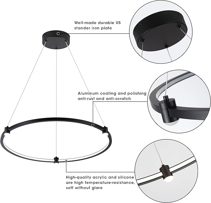 Modern Led Pendant Light Fixture Modern Led Chandelier Dimmable 23.6" Black 1 Circular Ring Hanging Pendant Lighting Fixture for Living Room Dining Room Kitchen Office Foyer 3000K 4000K 6000K