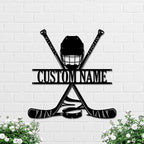 Hockey Metal Wall Art LED Sign – Custom Light Up Name Sign with Helmet & Sticks, 16-Color LED with Remote Control, Hockey Decor for Boys Room, Sports Fans