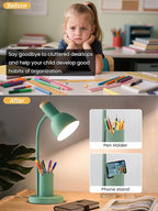 LED Desk Lamp with Pen Holder, Eye-Caring Desk Light 3 Color Modes Reading Light Flexible Gooseneck Metal Study Lamp, Cute Table Lamps for Home Office Bedside Dorm (Green Lamp)
