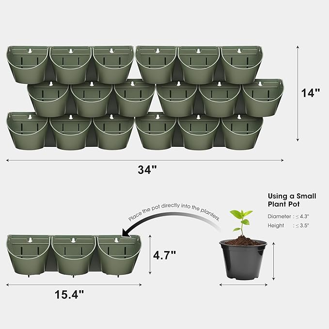 Worth Garden Upgraded 6 Sets (18 Pockets) Self Watering Stackable Vertical Planters - Wall Mounted Plastic Plant Grow Pots for Strawberries Flowers Herbs - Indoor Outdoor Green Wall Decoration (Green)