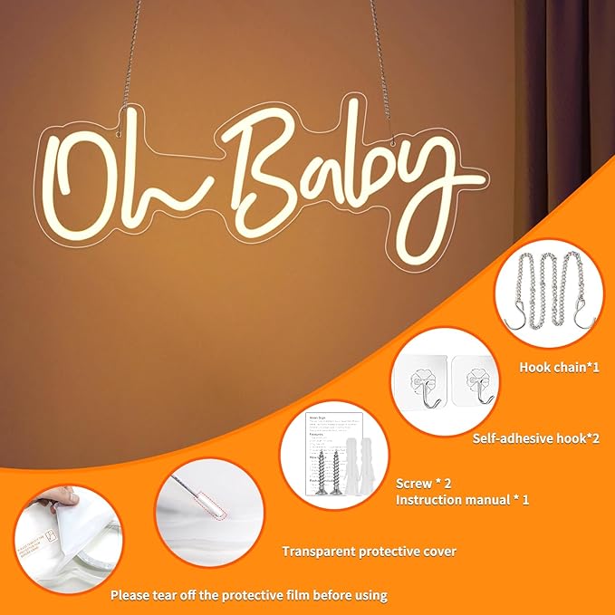 Warm White Oh Baby Letter Neon Sign，USB Powered LED Neon Light with Adjustable Brightness,Light Up Neon Signs for Bedroom Birthday Party Wedding Christmas Halloween Aesthetic