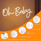 Warm White Oh Baby Letter Neon Sign，USB Powered LED Neon Light with Adjustable Brightness,Light Up Neon Signs for Bedroom Birthday Party Wedding Christmas Halloween Aesthetic