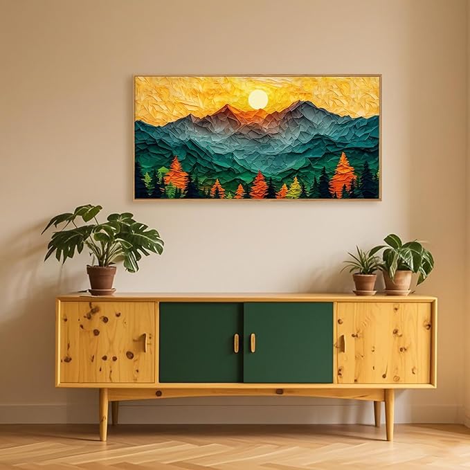 Abstract Sun Mountain Framed Canvas Wall Art Set, Forest Pine Tree Golden Sunset Wall Decor, Mixed Patchwork Landscape Art Print for Living Room, Bedroom, Dining Room, Office - 20"x40"