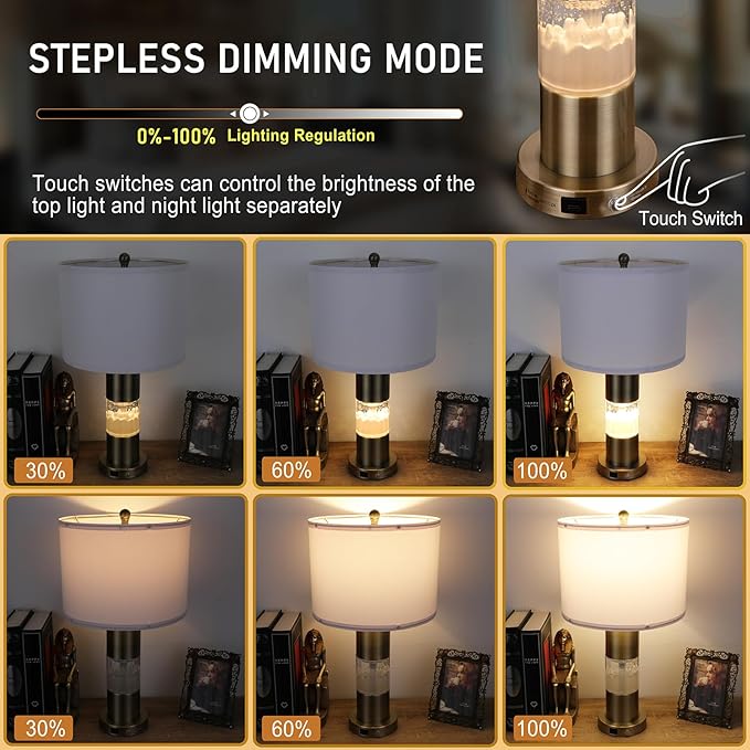 Serteaw Set of 2 Gold Bedroom Lamp for Nightstands, Touch Table Lamps, USB Charging Ports, with Stepless Dimming Mode for Living Room, Modern Snow and Clouds Crystal Bedside Lamps