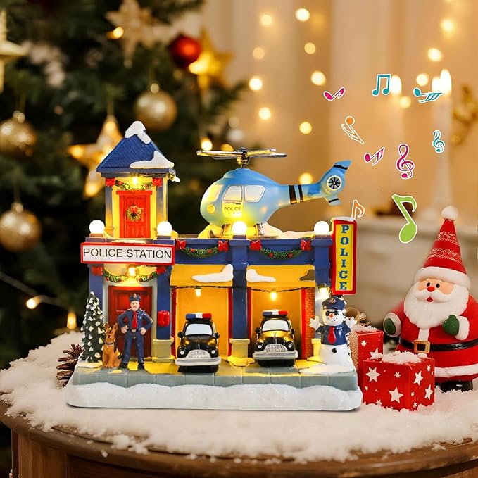 VCUTEKA Animated Christmas Village Houses, Lighted Musical Police Station Scene with Helicopter, Patrol Car, Dog, Victorian Xmas Village Collectible Building for Holiday Home Table Display Décor