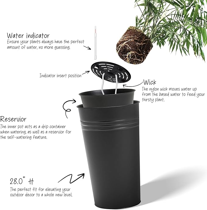 KOL 28'' Tall Galvanized Steel Planter Pot - Flower Pot with Water Level Indicator for Plants - 2-Pack Self Watering Planters - Round Black Powder Metal Planter Box - Indoor Outdoor Grande Plant