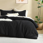 Litanika Black Comforter Full Size, 3 Pieces Boho Lightweight Solid Bedding Comforter Set, All Season Fluffy Bed Set (79x90In Comforter & 2 Pillowcases)