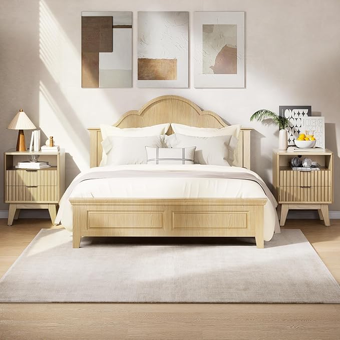 Nightstands with Charging Station, Modern Fluted 2 Drawers End Tables, Side Tables with Storage Shelf for Bedroom, Office, Natural Oak