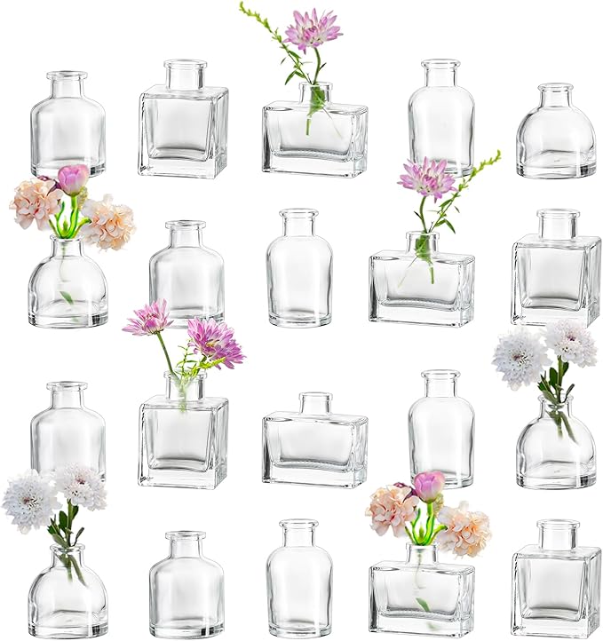 Small Glass Bud Vases for Centerpieces - Hewory 20pcs Clear Sturdy Cute Flower Vases Bulk, Mini Bottle Vase for Wedding Home Decor Birthday Party Events Mother's Day Bridal Shower Gifts Table Decor