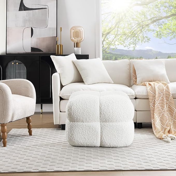 ONEVOG 21" Cream White Modern Ottoman, Square Fuzzy Couch Sherpa Pouf Ottoman, Tufted Fluffy Boucle Fabric Foot Stools, Upholsered Footrest & Coffee Table for Living Room Bedroom, Cute Pouf Home Decor