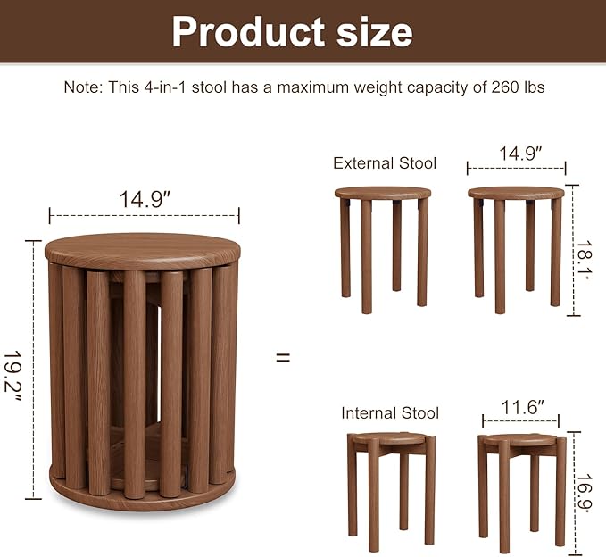 Stackable Stools Set of 4,4-in-1 Wood Stool,Round Wooden Stools with Anti-Slip Foot Pads for Kitchen,Bedroom,Living Room,Bar,No Assembly Required Durable and Space-Saving Design,18 inch (Walnut)