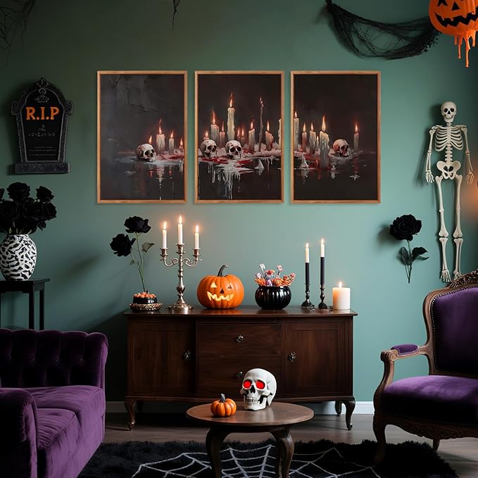 Aurlan Gothic Bloody Skull and Candles Framed Wall Art(16"x24"), 3PCS Horror Dark Academia Halloween Skeleton Canvas Artwork, Modern Goth Spooky Creepy Ghost Decor for Home Office Bedroom