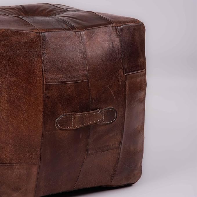 Square Shaped Buffalo Leather Handmade Eco-Friendly Brown Pouf - Square Pouf, 14" x 14"x 14", Plain Solid Pouf, Buffalo Leather Pouf, Recycled Foam with Fibre Fill Stuffed Pouf, Seating Pouf PF25