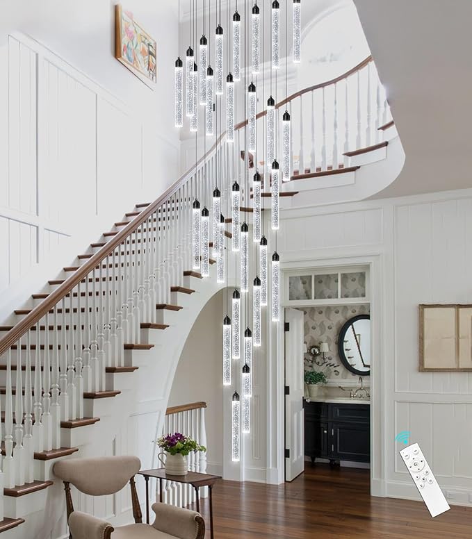 197" Long High Ceiling Chandelier 30-Lights Modern Bubble Crystal LED Light Fixture Dimmable Flush Mount Living Room Ceiling Pendant Light Staircase Foyer Entryway Dining Room Pendant Lighting