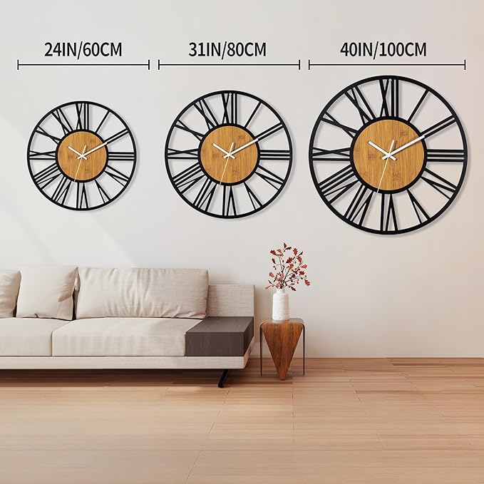 1st owned 40" Large Display Wall Clock for Home Decor - Silent,Battery Operated,Black Metal, Modern, Rustic Wood Clocks for Living Room,Farmhouse,Dining Room,Bedroom,Shop Wall Decor- Roman Numerals