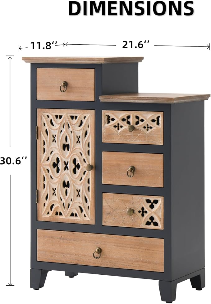Farmhouse Accent Chest with Carved Door and 5-Drawers, Vintage Storage Cabinet Modern Dresser for Living Room, Entryway, Hallway, Multi-Drawer Organizer, Natural and Deep Blue